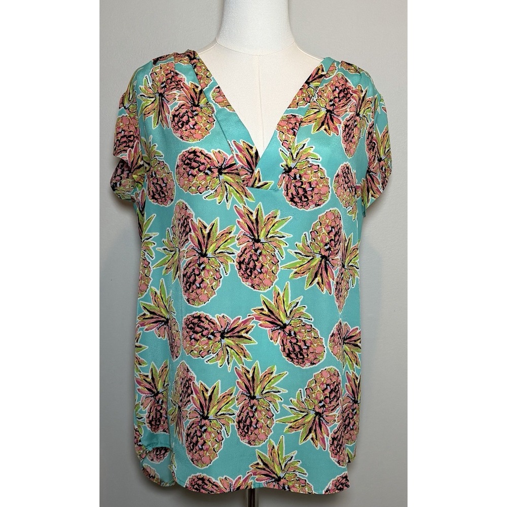 All for Color Blue Pineapple Print V-Neck Short Sleeve Blouse Women L Tropical